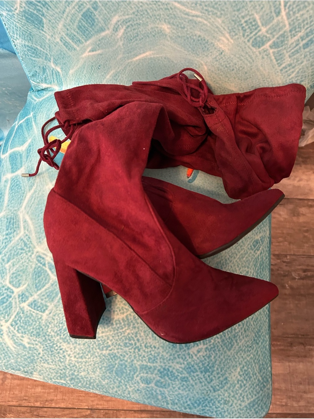 Women's Burgundy Faux Suede Pointed Toe Block Heel Boots Knee High - Size 8